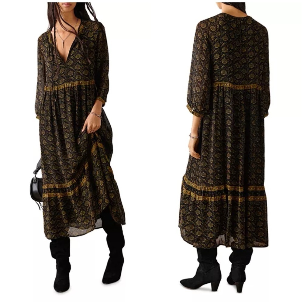 BA&SH Bernie Patterned Maxi Dress Black Tan Long Sleeve Boho Sz XS